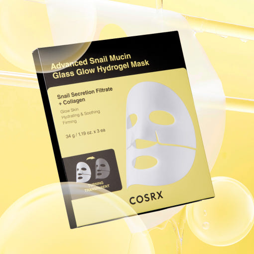 COSRX Advanced Snail Mucin Glass Glow Hydrogel Mask packaging on a yellow background