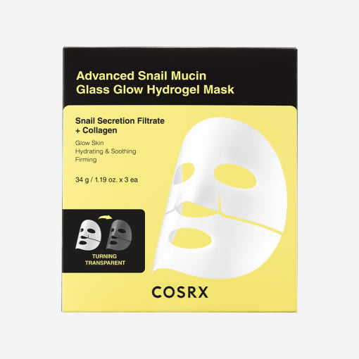 COSRX Advanced Snail Mucin Glass Glow Hydrogel Mask packaging on a white background