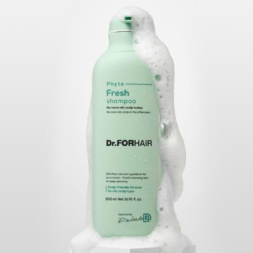 Dr. ForHair Phyto Fresh shampoo bottle with foamy texture on a white background