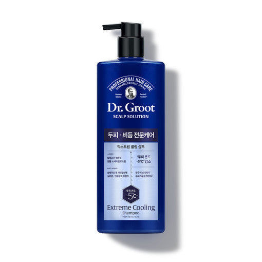 A bottle of Dr.Groot Scalp Solution Shampoo Extreme Cooling with a blue label and pump dispenser, indicating the cooling effect of the product.