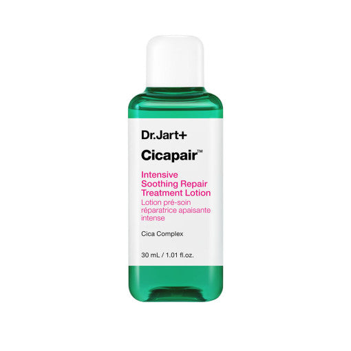 A bottle of Dr.Jart+ Cicapair Intensive Soothing Repair Treatment Lotion, with a green label and white cap, designed for soothing and repairing skin.