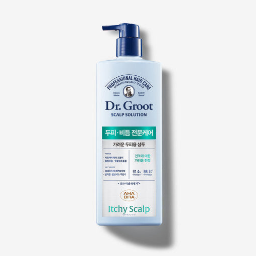 A bottle of Dr.Groot Scalp Solution Shampoo with a pump dispenser, labeled for itchy scalp, in a blue and white packaging.