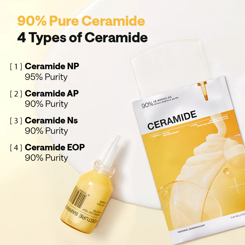 Product packaging MEDIHEAL Ceramide Essential Mask Moisture Barrier with a dropper bottle and a box labeled 'Ceramide' on a white background.