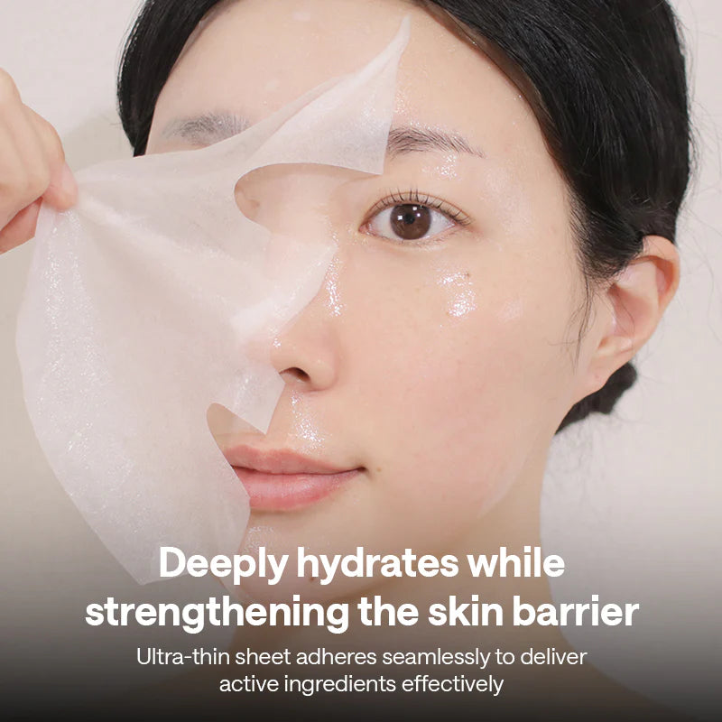 Person applying a facial sheet mask with text about skin care benefits.