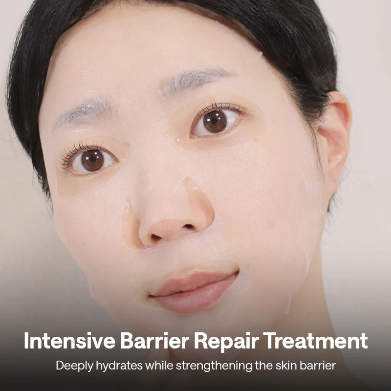 Woman's face with text 'Intensive Barrier Repair Treatment' on a neutral background