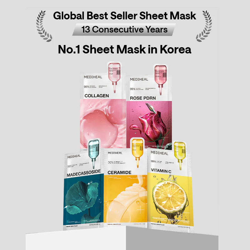 Mediheal sheet masks with product names and images on a white background