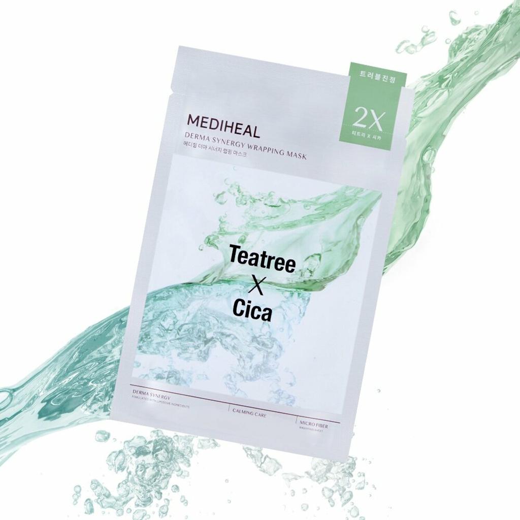 Mediheal Teatree x Cica sheet mask packaging with green and blue liquid effects on a white background