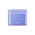 A blue jar of MEDIHEAL Watermide Toner Pad with text indicating it's for dry skin, has a cooling effect, and is used at night. The jar contains 247 pads.