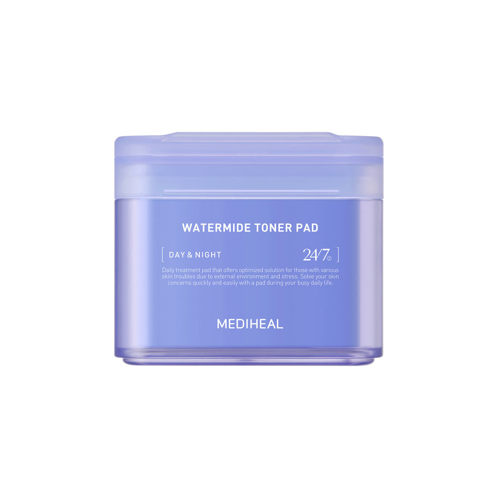 A blue jar of MEDIHEAL Watermide Toner Pad with text indicating it's for dry skin, has a cooling effect, and is used at night. The jar contains 247 pads.