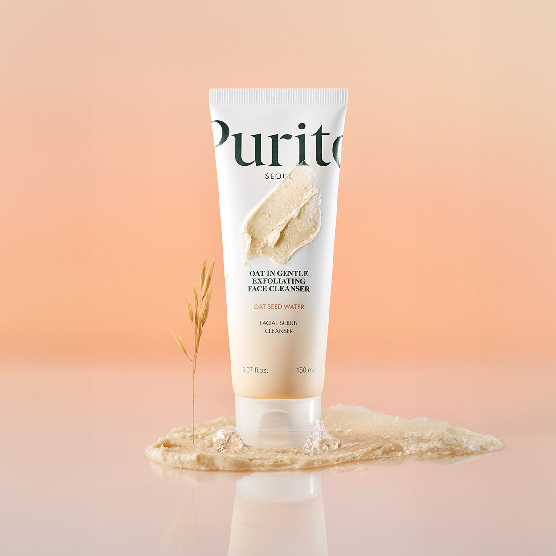 Tube of Purito facial scrub cleanser on a gradient background