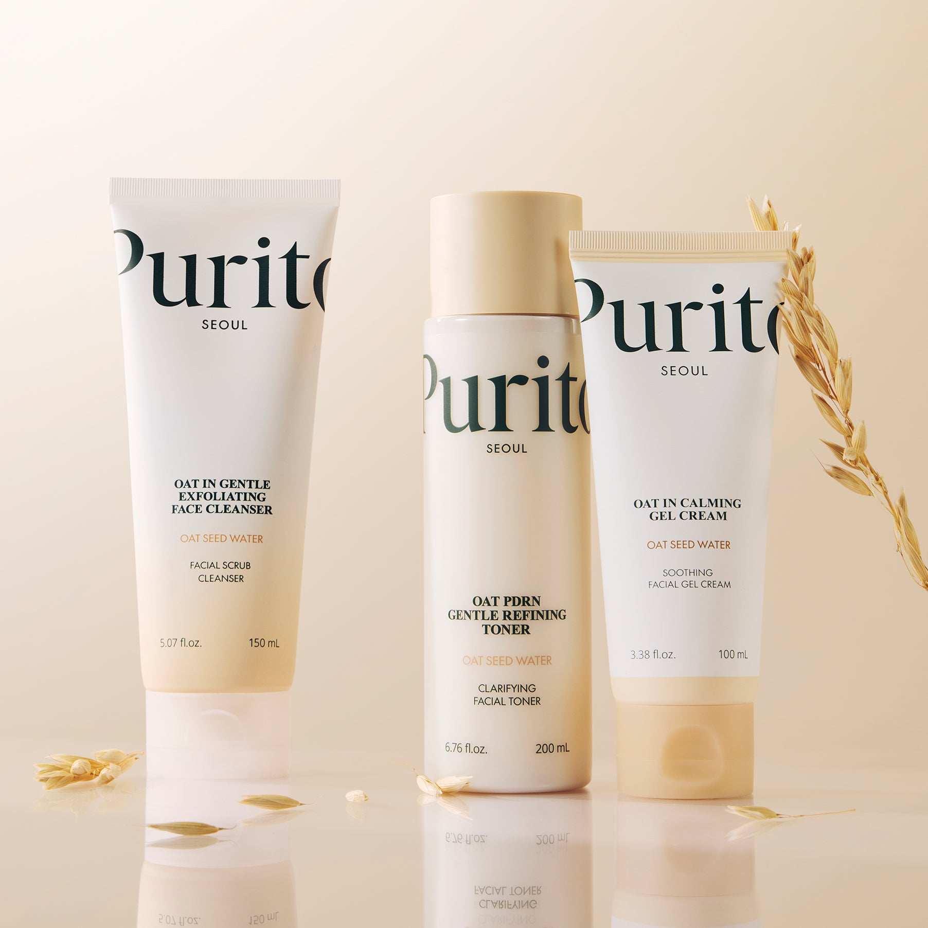 Three Purite Seoul skincare products on a beige background