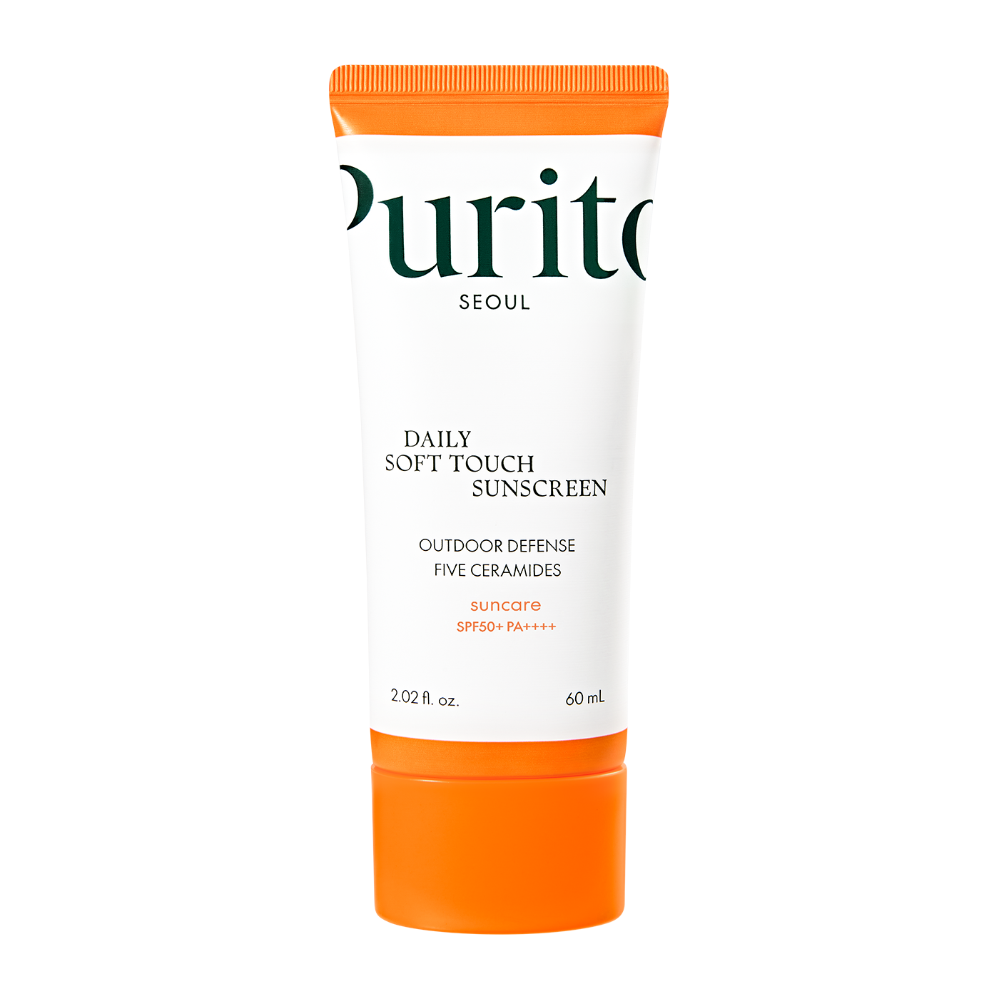 A tube of PURITO SEOUL Daily Soft Touch Sunscreen SPF50+ PA++++, with white and orange packaging.