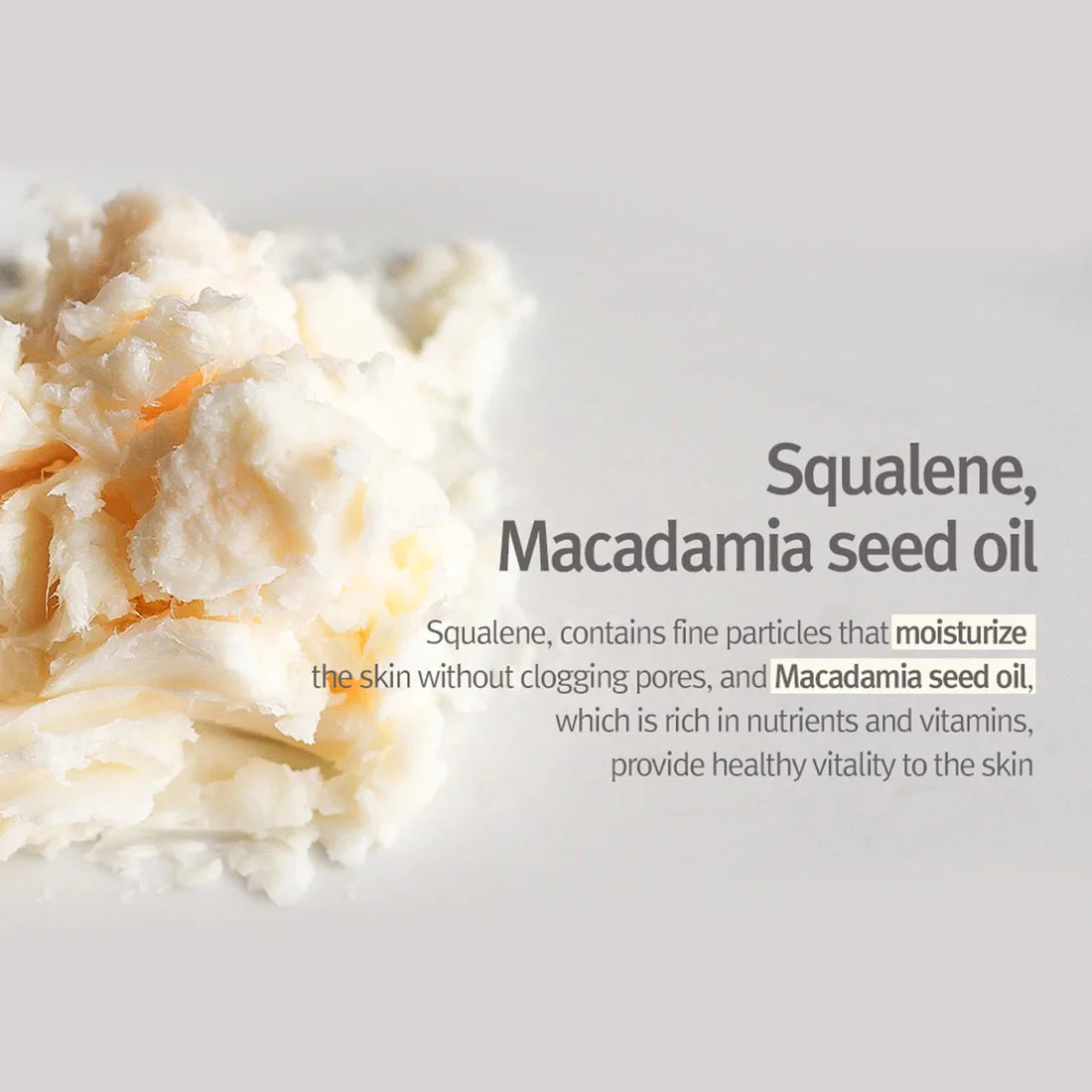 Coconut-based product with text about squalene and macadamia seed oil on a light gray background