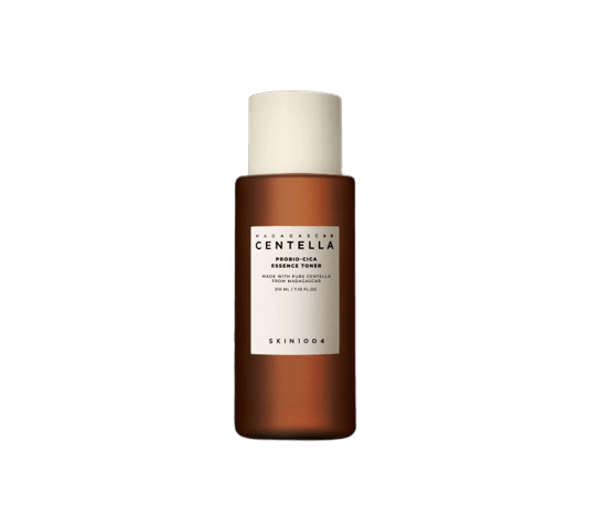 A brown bottle of SKIN1004 Probio-Cica Essence Toner with a white cap, labeled with the product information.