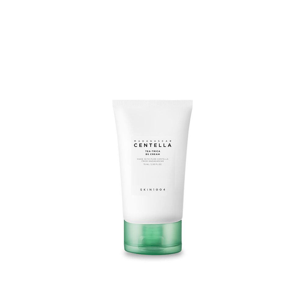 A tube of SKIN1004 TEA-TRICA B5 CREAM with a white and green design, 75ml in size.
