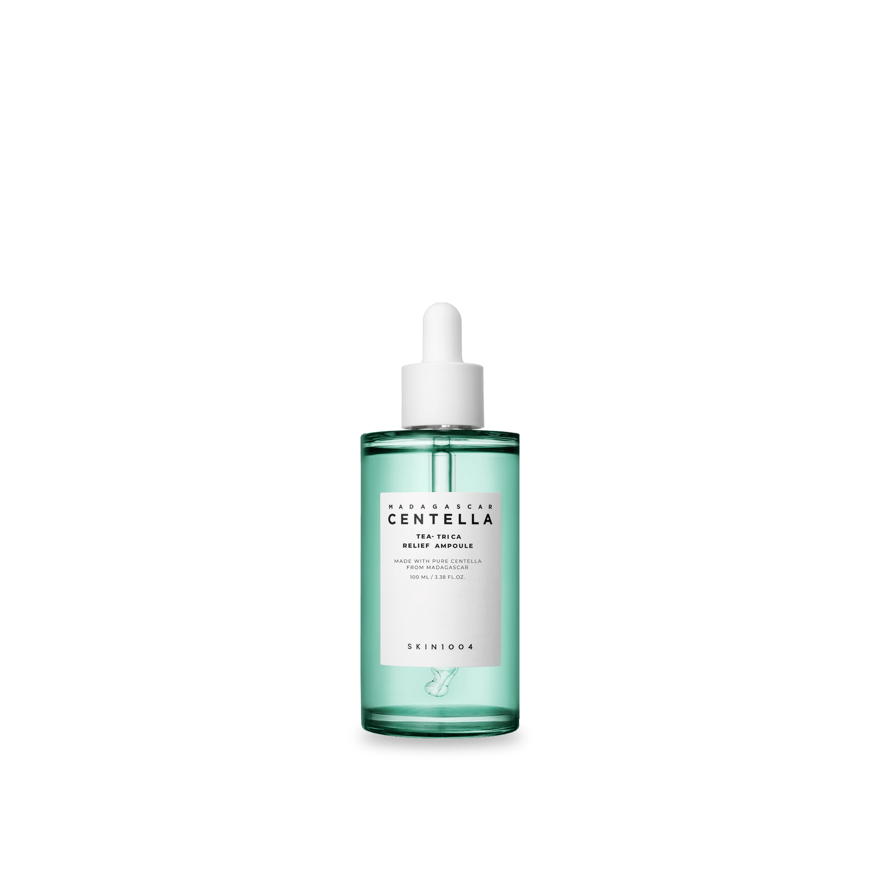A bottle of SKIN1004 TEA-TRICA RELIEF AMPOULE with a dropper, predominantly green in color, with white and black text detailing the product name and size.