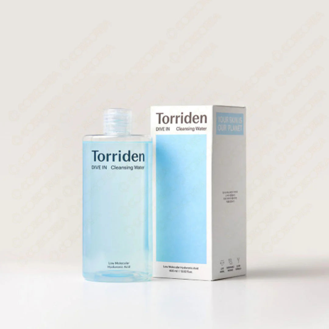 Torriden cleansing water bottle and packaging on a light background