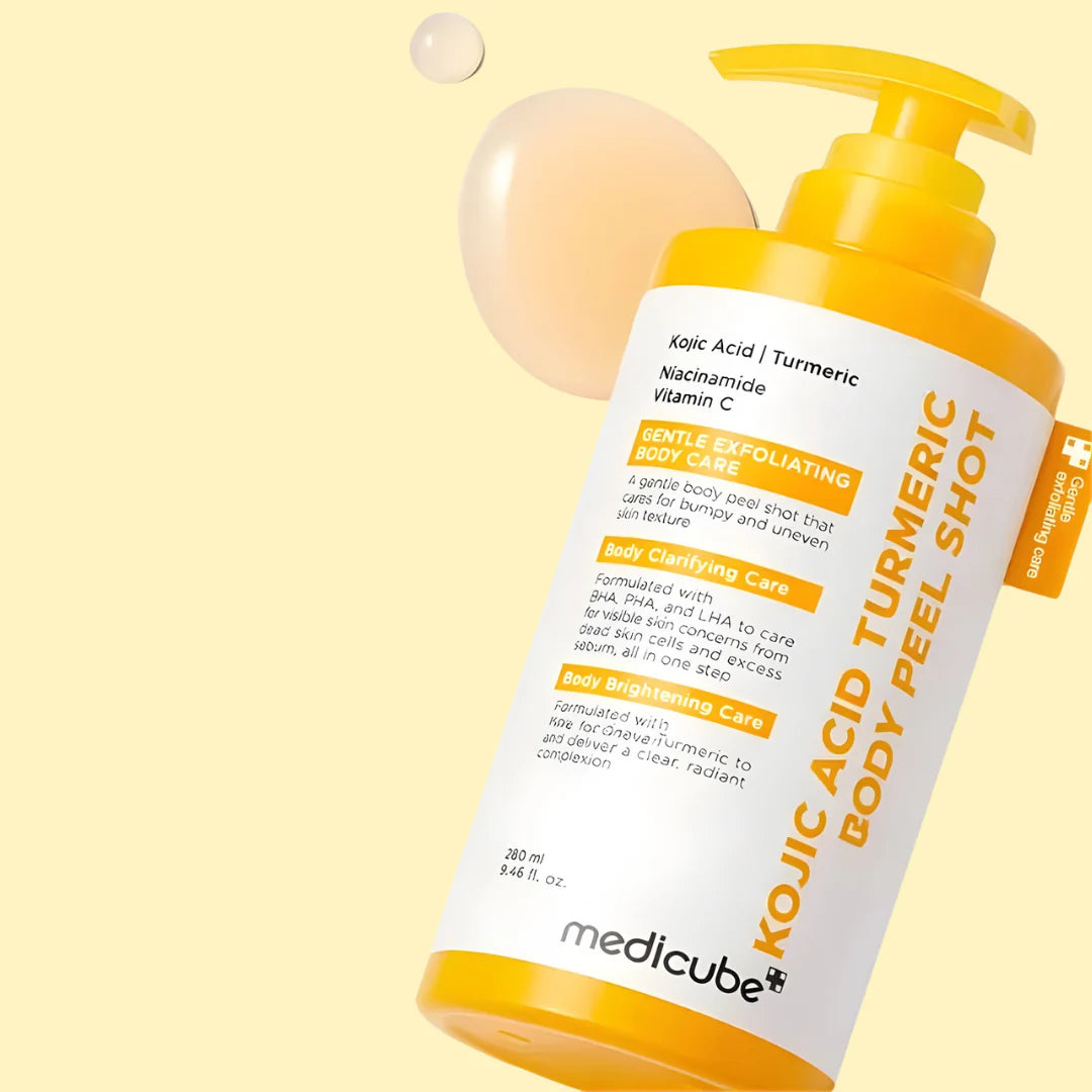 Medicube Kojic Acid Turmeric Body Peel Shot bottle on a light yellow background
