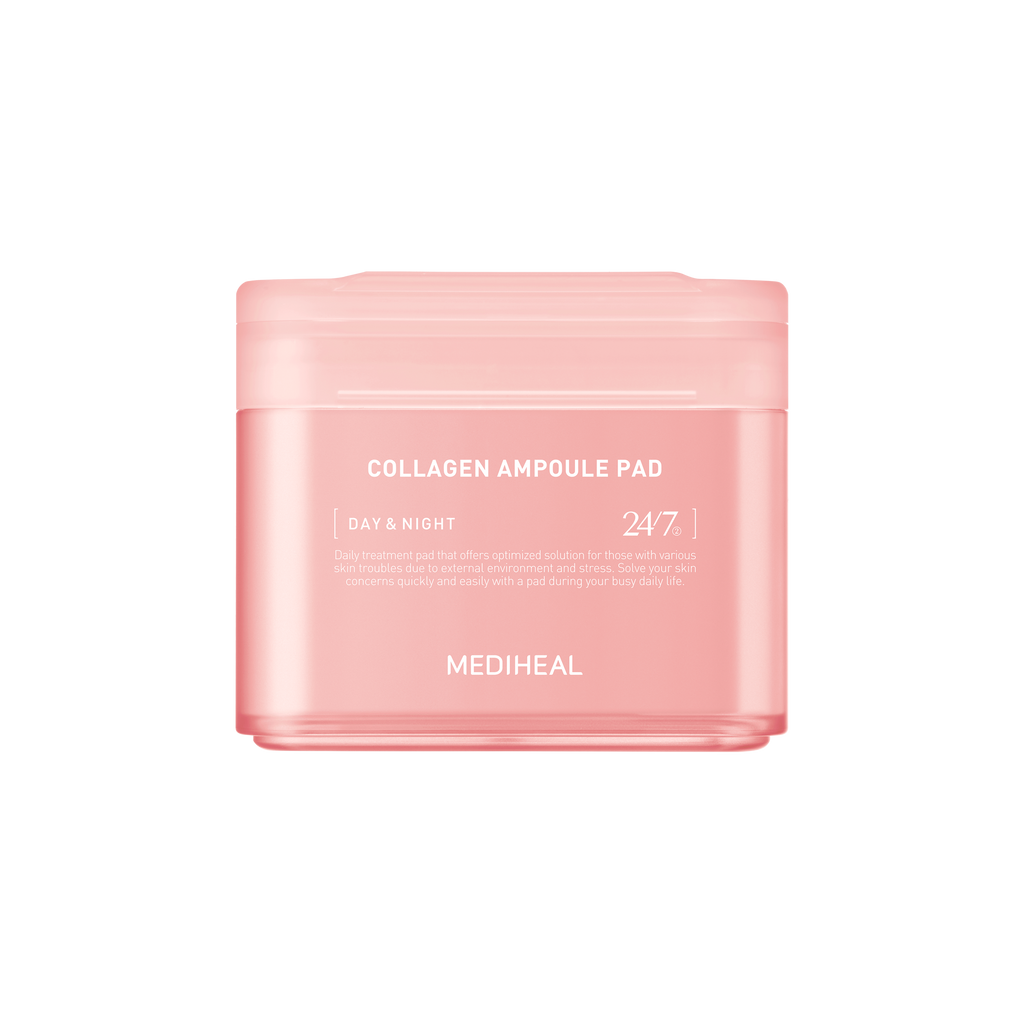 A pink jar of MEDIHEAL Collagen Ampoule Pad with 247 text on it, indicating the quantity of pads inside.