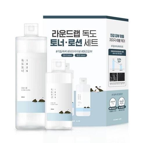 Packaging of Round Lab 1025 Dokdo Toner 500ml and Lotion 200ml Special Set, with bottles and box predominantly in white and blue colors.