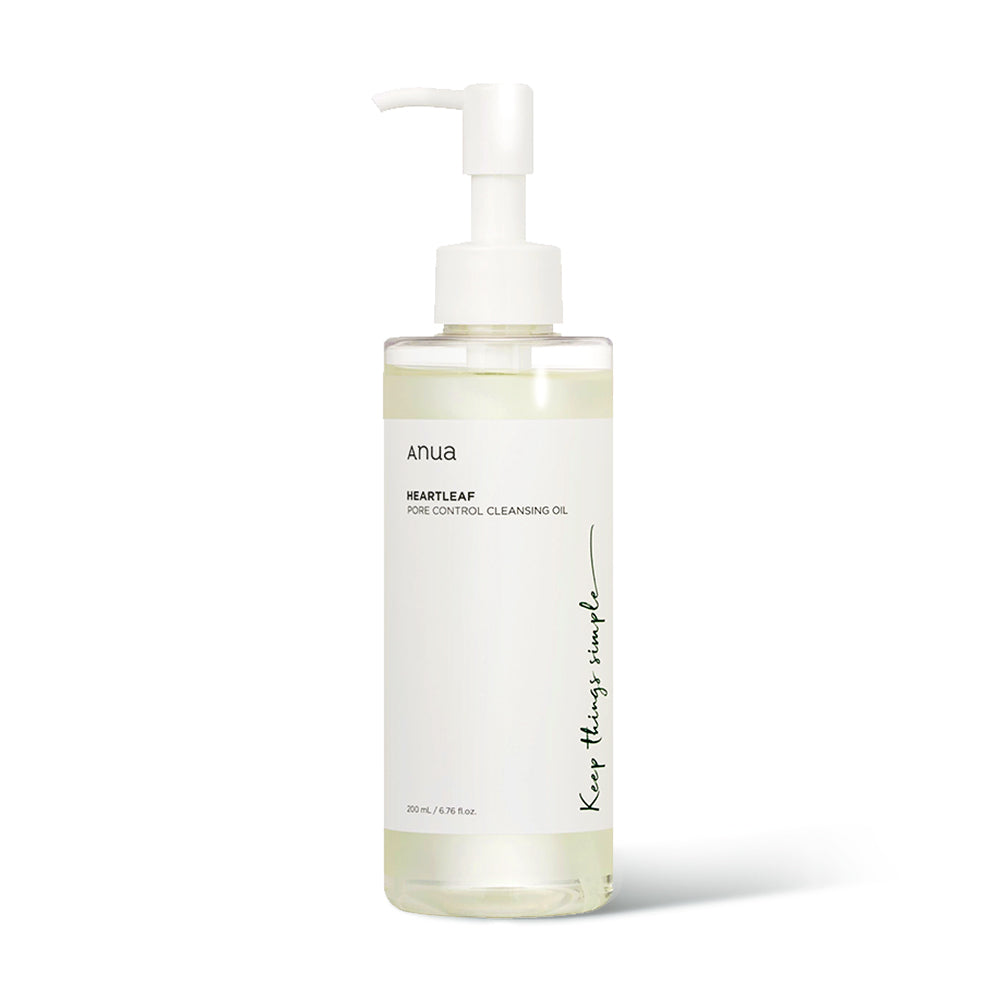 A pump bottle of Anua Heartleaf Pore Control Cleansing Oil, 200ml.