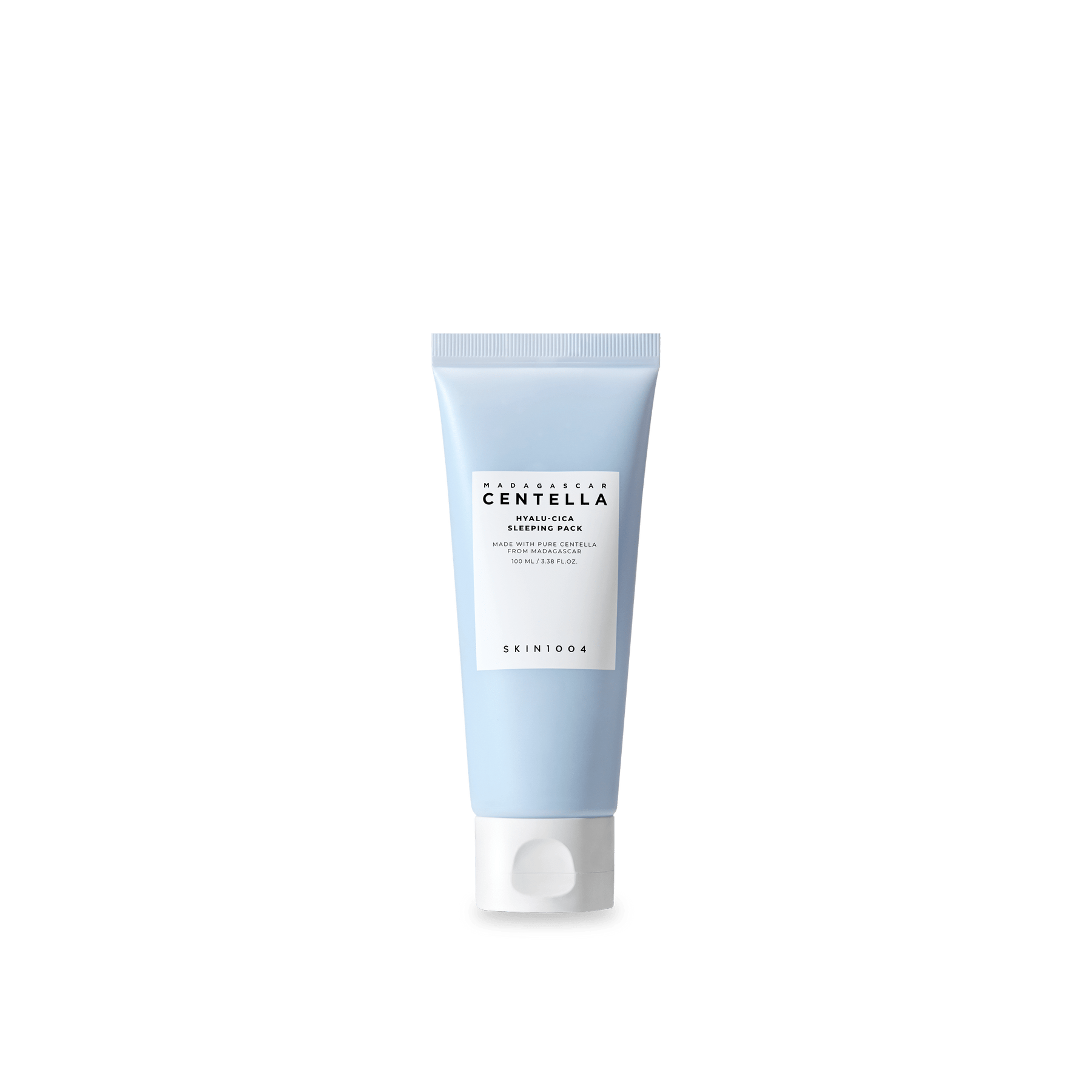 A tube of SKIN1004 HYALU-CICA SLEEPING PACK, predominantly blue in color with white and grey text detailing the product name and brand.
