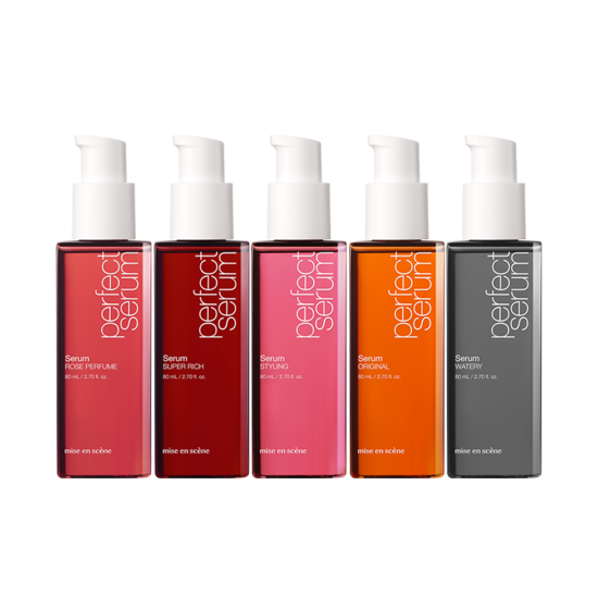 A set of five bottles of [mise en scene] Perfect Repair Serum in various colors, each with a pump dispenser.