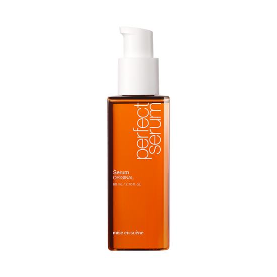 A set of five bottles of [mise en scene] Perfect Repair Serum in various colors, each with a pump dispenser.